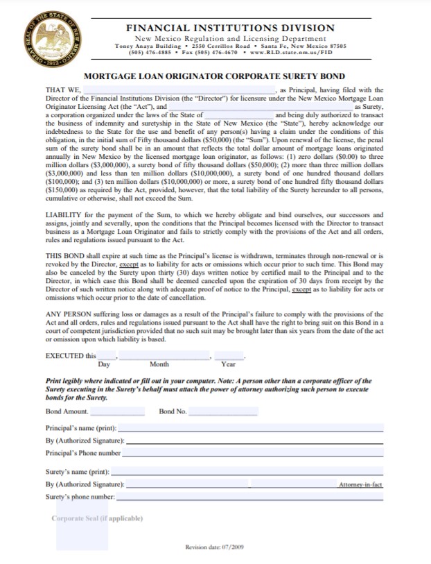 New Mexico Mortgage Loan Originator Bond Form