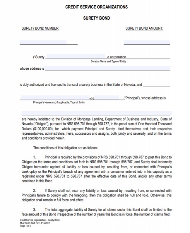 Nevada Credit Service Organization Bond Form