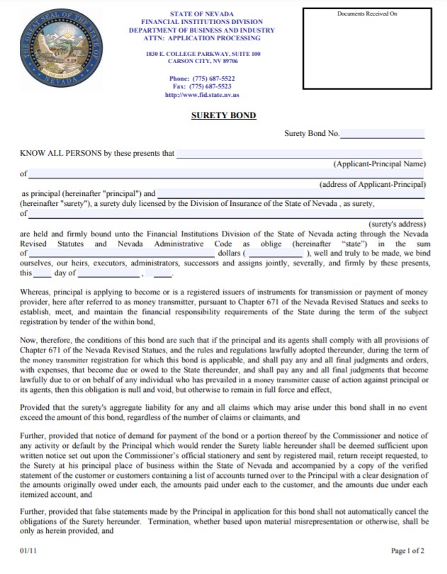 Nevada Money Transmitter Bond Form