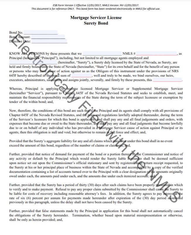 Nevada Mortgage Servicer Bond Form