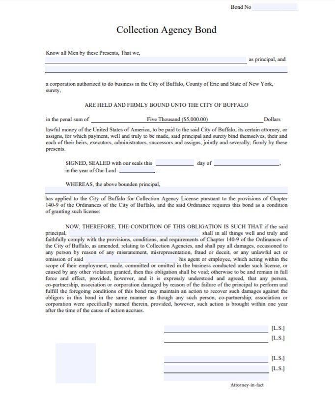 Buffalo Collection Agency Bond Form