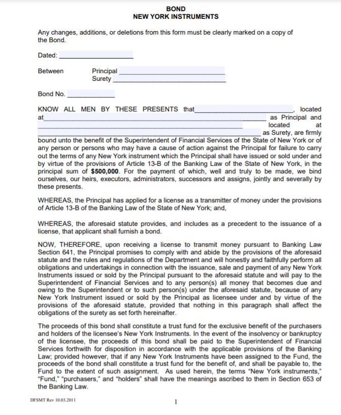 New York Money Transmitter Bond Form