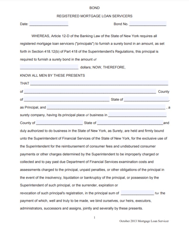 New York Mortgage Loan Servicer Bond Form