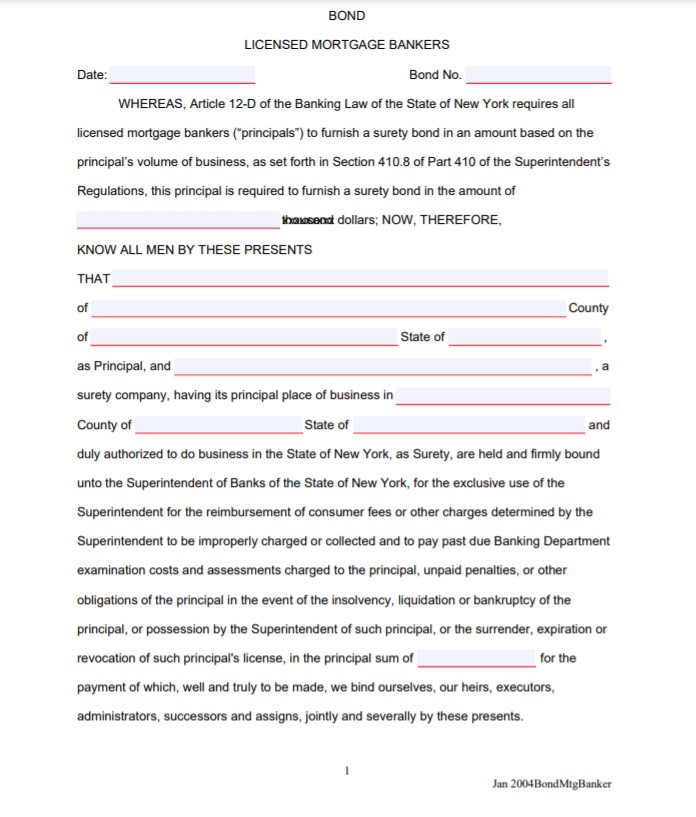 New York Mortgage Banker Bond Form