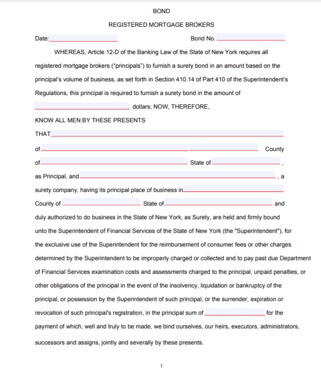 New York Mortgage Broker Bond Form