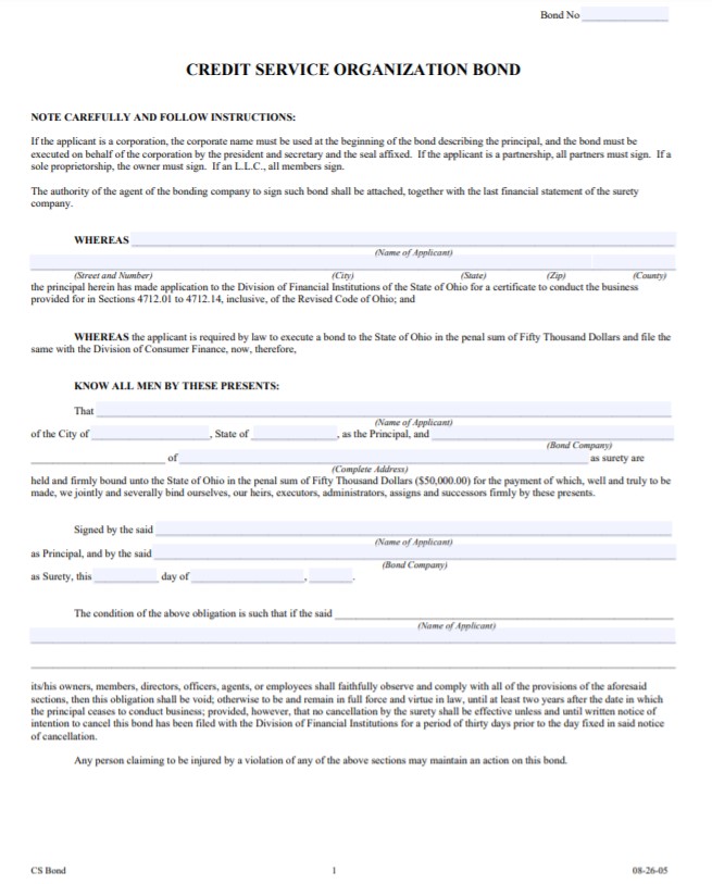 Ohio Credit Service Organization Bond Form