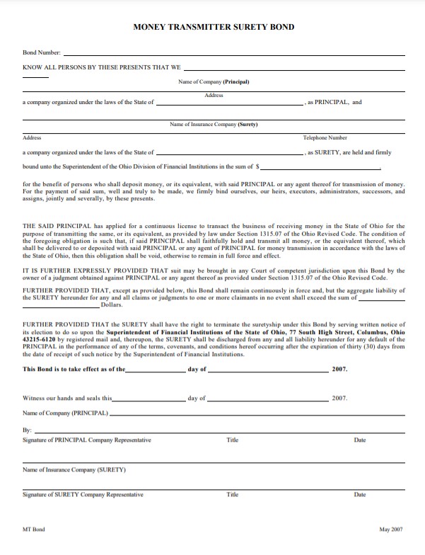 Ohio Money Transmitter Bond Form