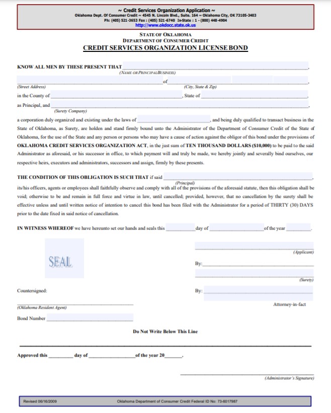 Oklahoma Credit Services Organization Bond Form