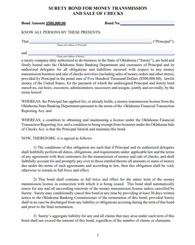 Oklahoma Money Transmitter Bond Form