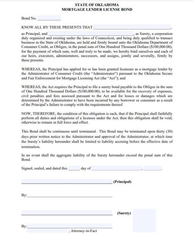 Oklahoma Mortgage Lender Bond Form