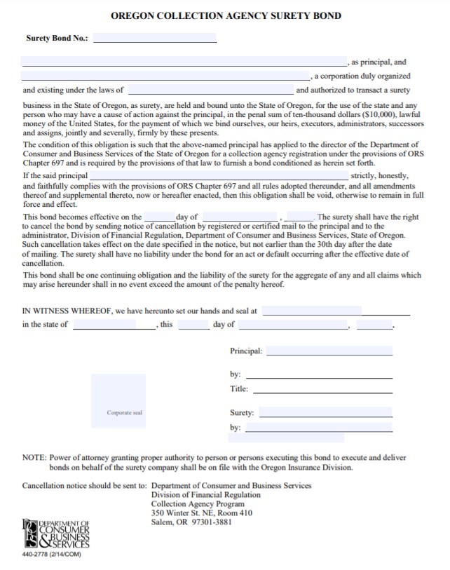 Oregon Collection Agency Bond Form