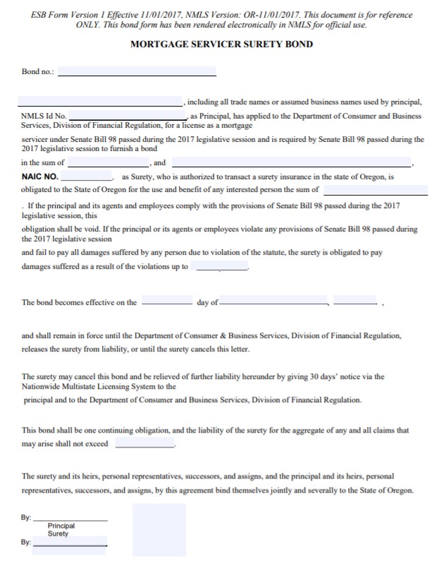 Oregon Mortgage Servicer Bond Form