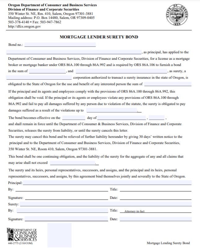 Oregon Mortgage Lender Bond Form