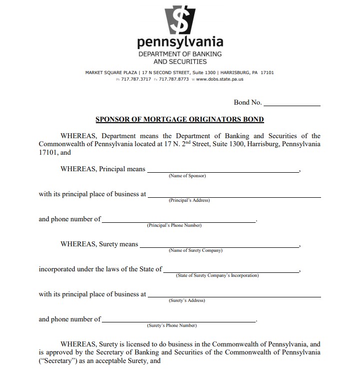 Pennsylvania Mortgage Lender Bond Form