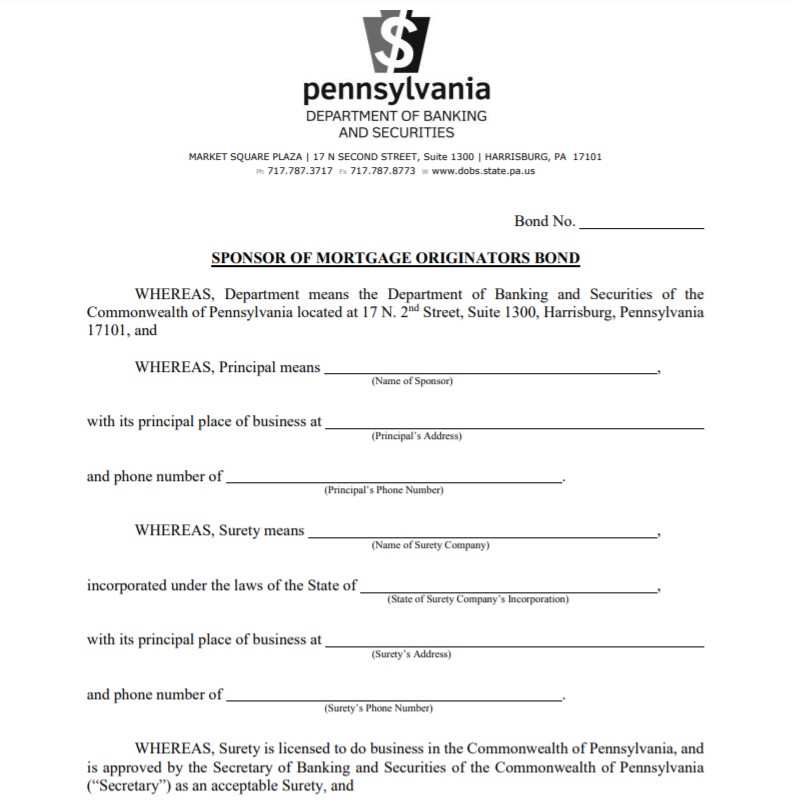 Pennsylvania Mortgage Consumer Discount Company Bond Form