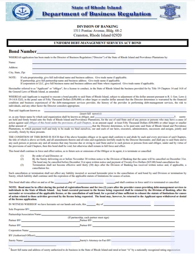 Rhode Island Debt Management Services Bond Form