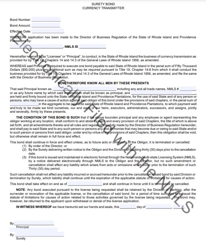 Rhode Island Currency Transmitter Bond Form