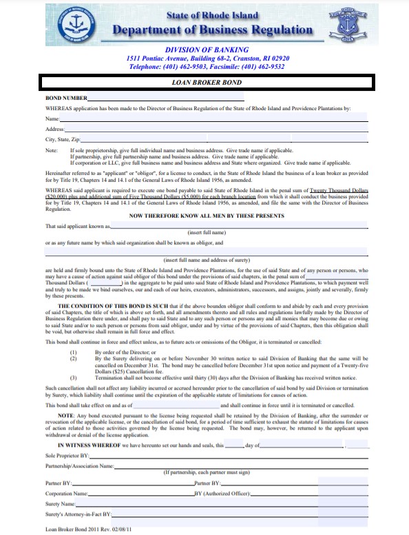 Rhode Island Loan Broker Bond Form