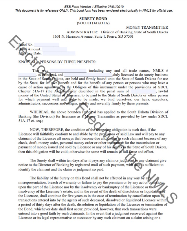 South Dakota Money Transmitter Bond Form