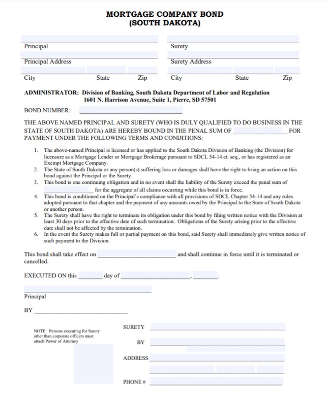 South Dakota Mortgage Lender Bond Form