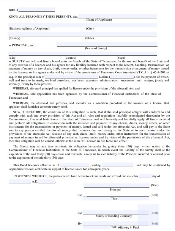 Tennessee Money Transmitter Bond Form