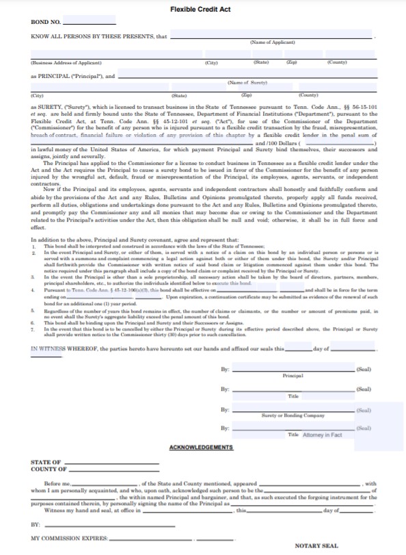 Tennessee Flexible Credit Lender Bond Form