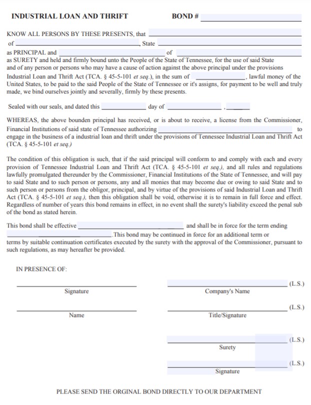 Tennessee Industrial Loan and Thrift Bond Form