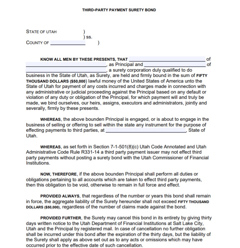 Utah Money Transmitter Bond Form