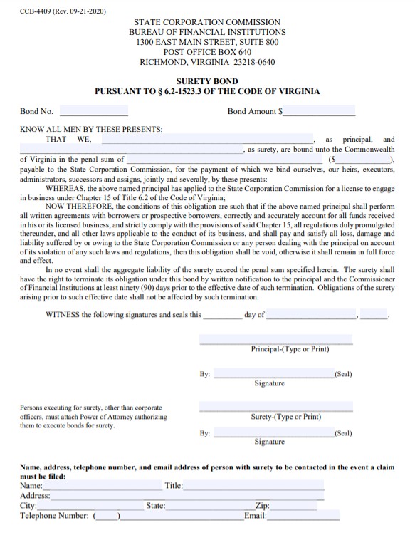 Virginia Consumer Finance Company Bond Form