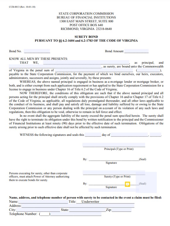 Virginia Mortgage Lender Bond Form