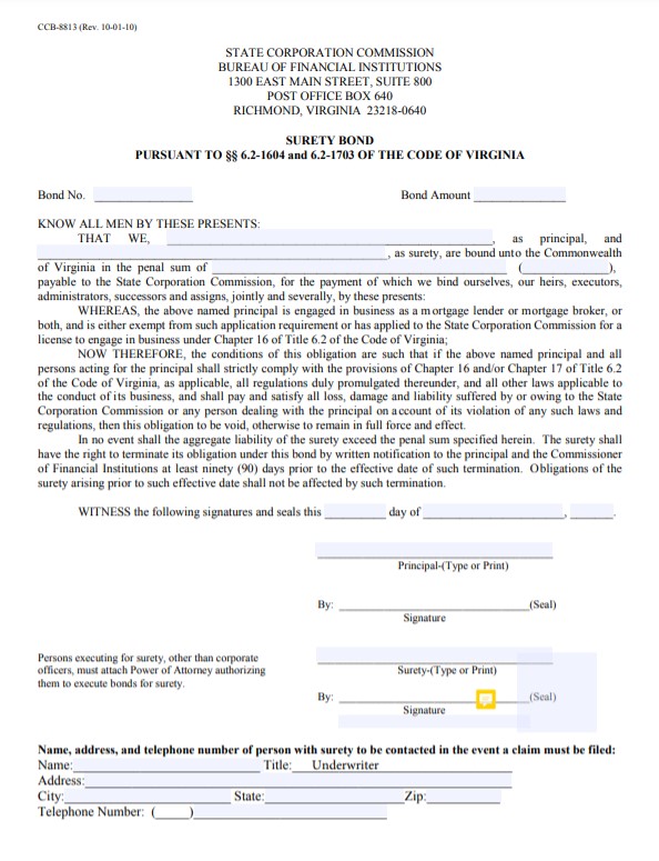 Virginia Mortgage Broker Bond Form