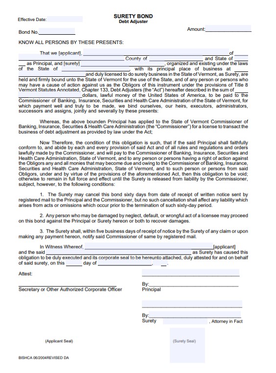 Vermont Debt Adjuster Bond Form