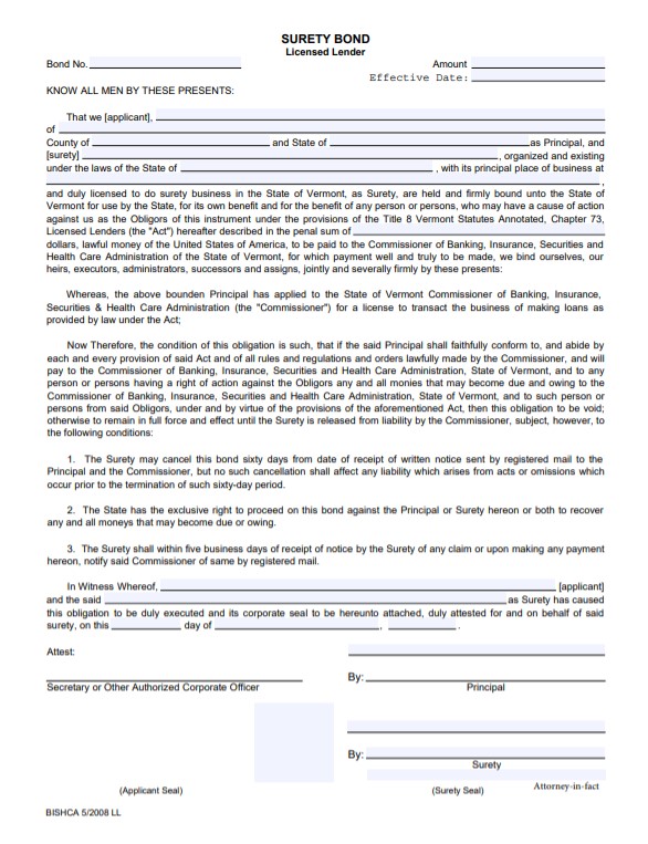 Vermont Licensed Lender Bond Form