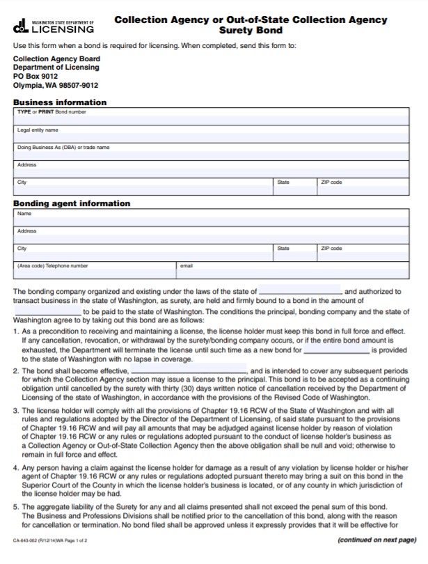 Washington Collection Agency Bond Form