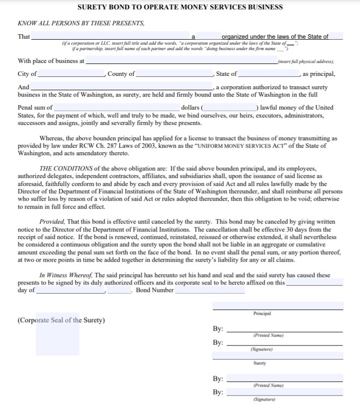 Washington Money Transmitter Bond Form