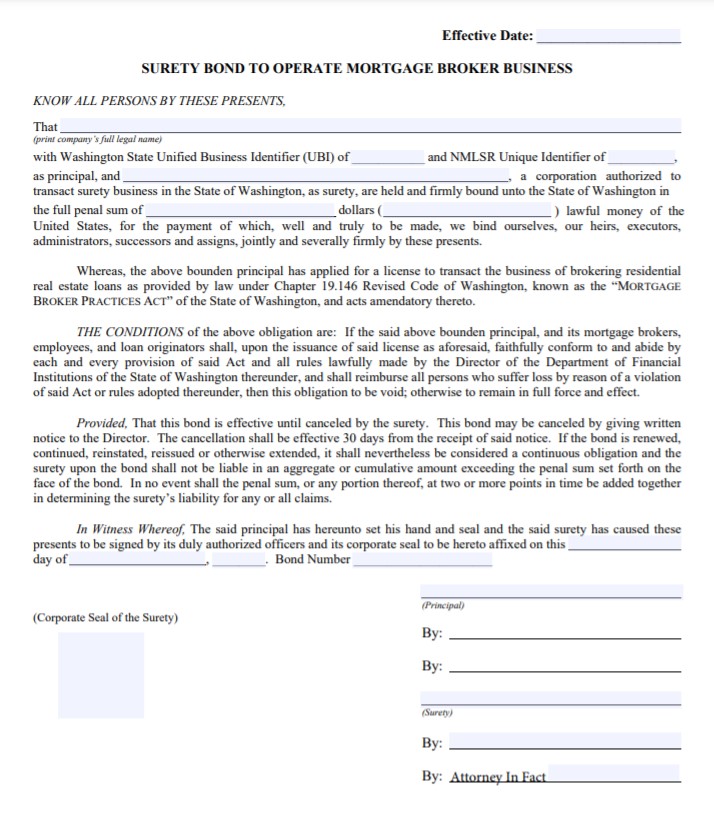 Washington Mortgage Broker Bond Form