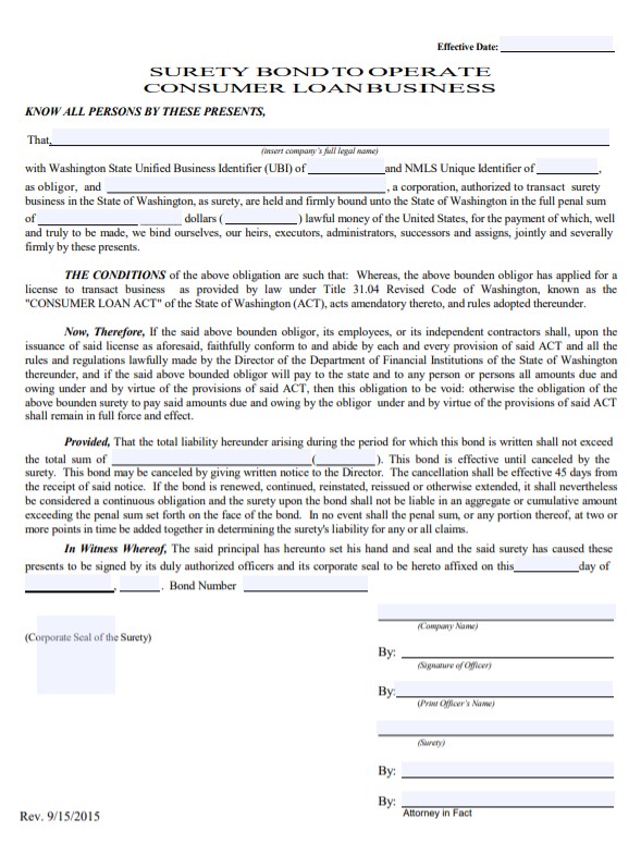 Washington Consumer Loan Bond Form