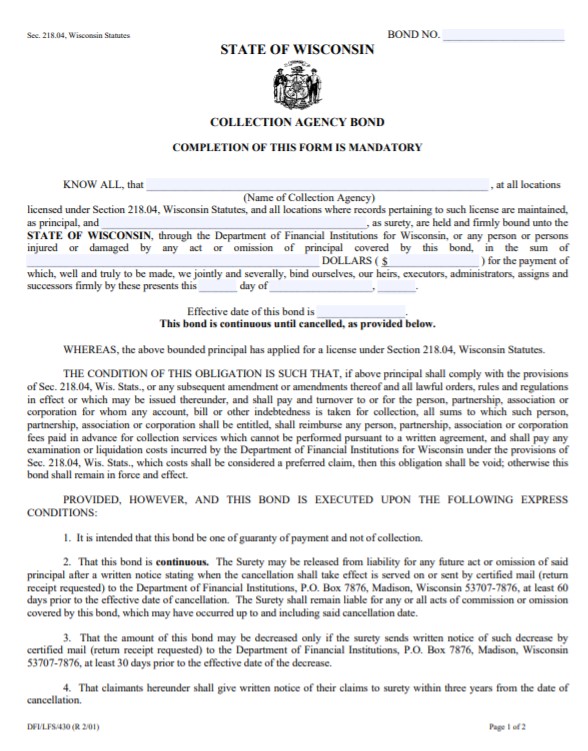 Wisconsin Collection Agency Bond Form