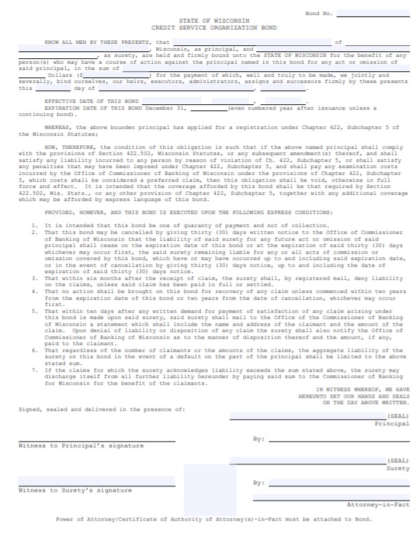 Wisconsin Credit Service Organization Bond Form