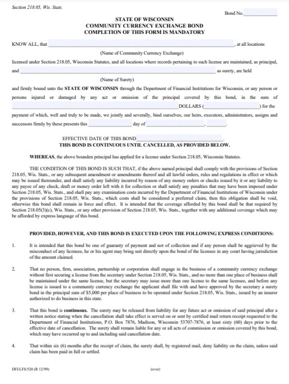 Wisconsin Community Currency Exchange Bond Form