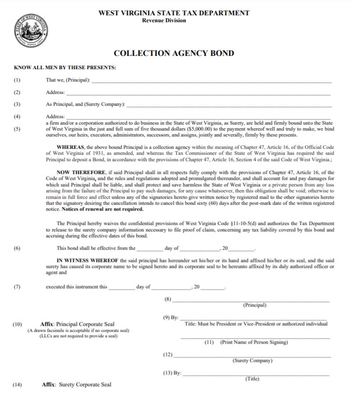 West Virginia Collection Agency Bond Form