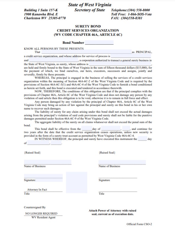 West Virginia Credit Services Organization Bond Form