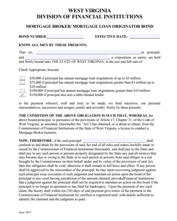 West Virginia Mortgage Broker Bond Form