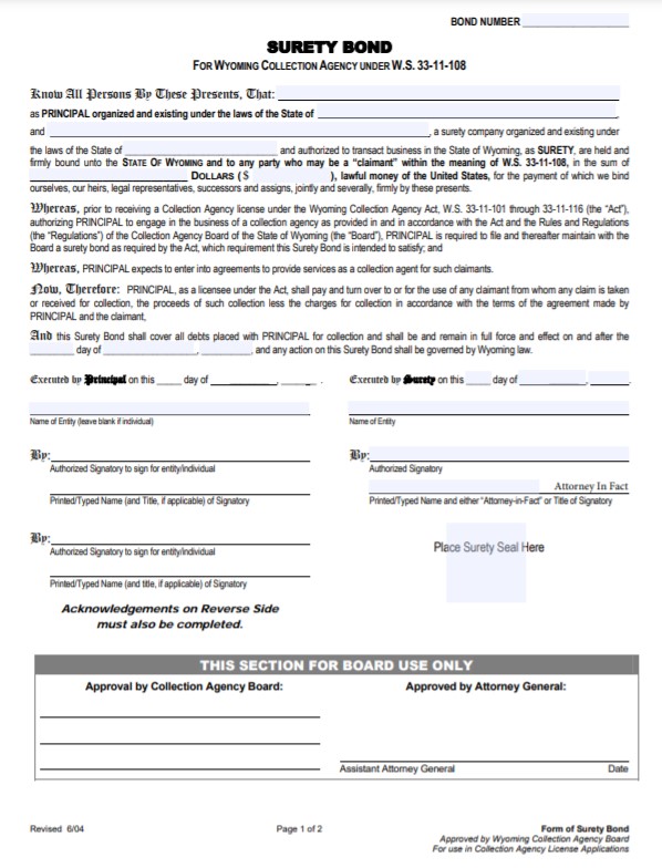 Wyoming Collection Agency Bond Form