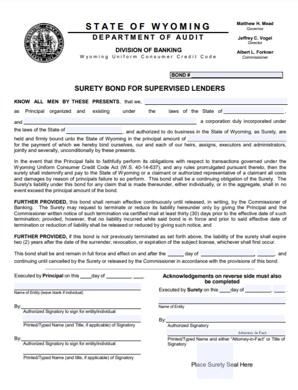 Wyoming Consumer Lender Bond Form