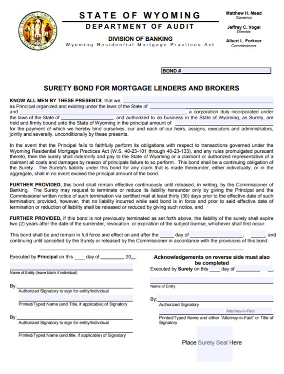 Wyoming Mortgage Broker Bond Form