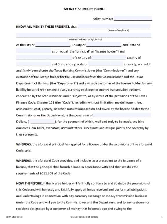 Texas Money Transmitter Bond Form