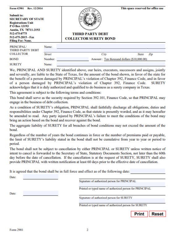 Texas Third Party Debt Collector Bond Form