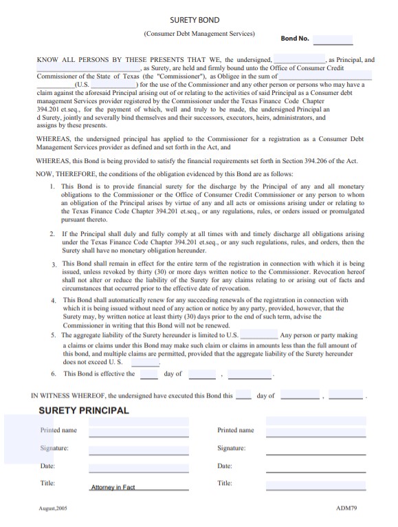 Texas Debt Management Services Bond Form