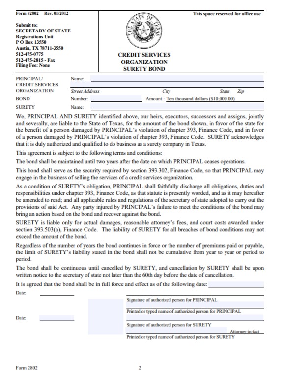 Texas Credit Services Organization Bond Form